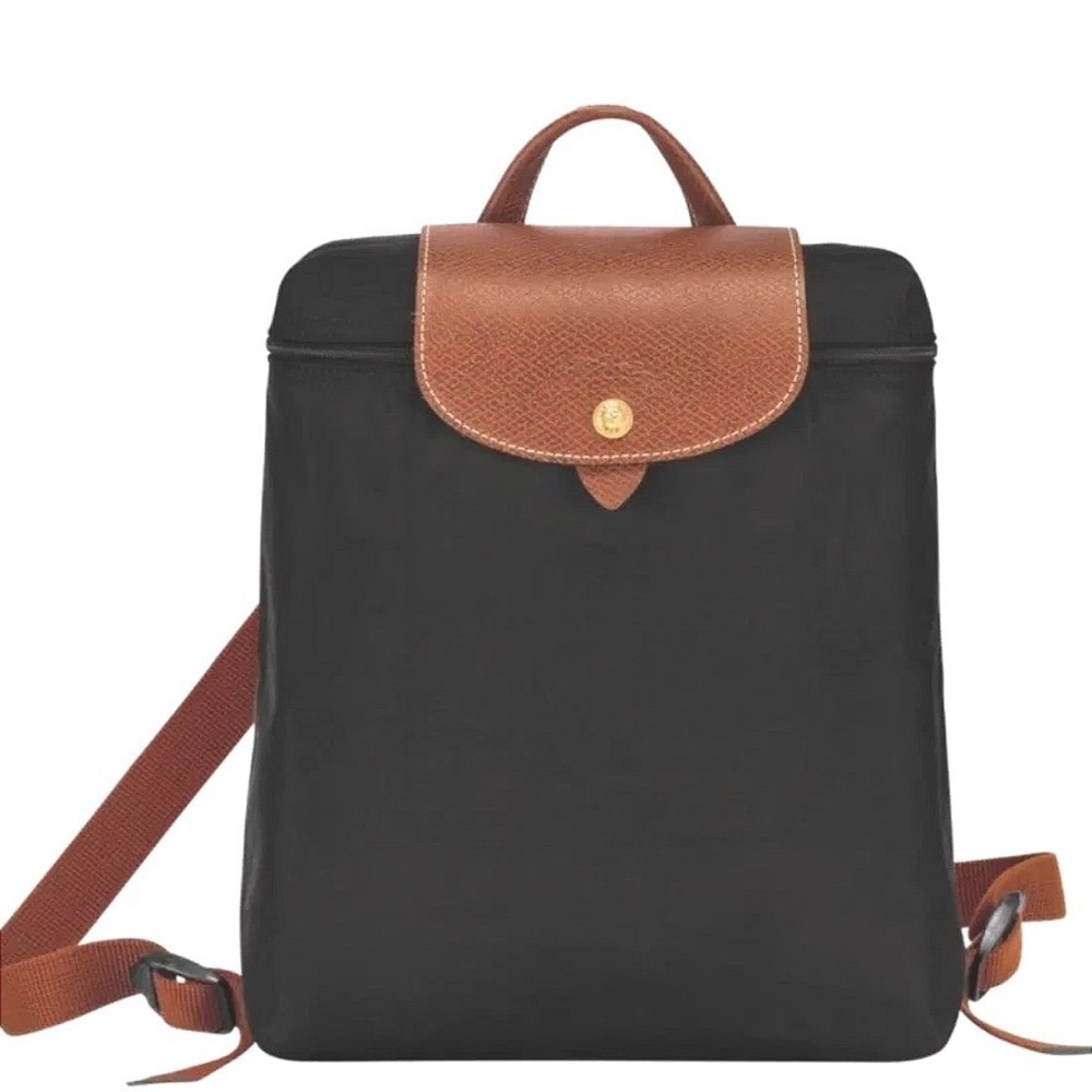 Longchamp Le Pliage Foldable Backpack Black Brown Leather Trim OS Excellent